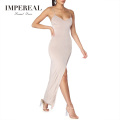 Asymmetrical High Slit V Neck Spaghetti Strap Bodycon Maxi Dress